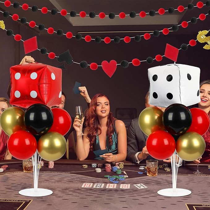 Casino Party Balloons Stand Kit 2 Sets with 2 Dice Foil Balloons Casino Night Theme Party Balloon Centerpiece for Tables for Poker Las Vegas Game Night Birthday Party Decorations