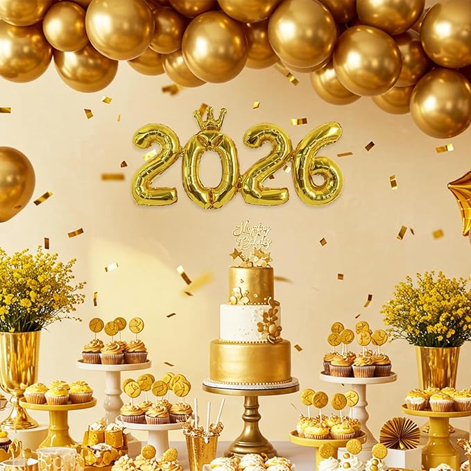 TONIFUL 2026 Gold Crown Foil Number Balloons 16 Inch Gold Number Banner 2026 Graduation Aluminum Foil Mylar Balloons for New Year Eve Christmas Anniversary Party Supplies