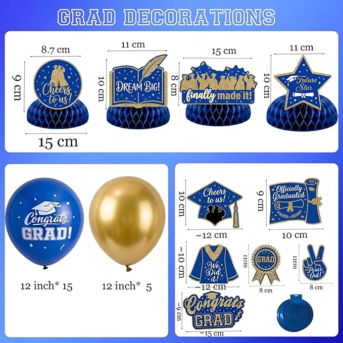 Royal blue Gold Balloons GRAD Print Balloons with Banner Table Honeycomb Centerpieces Hanging Swirl backdrop Stars Graduation Cap GRAD Letters Mylar Balloons for 2026 graduate Prom Decorations