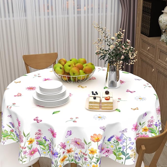 Spring Floral Tablecloth Round 60 Inch Yellow and Pink Wildflower Table Cloth Farmhouse Butterfly Table Cover Holiday Table Covers for Kitchen Dinner Party Home Decor