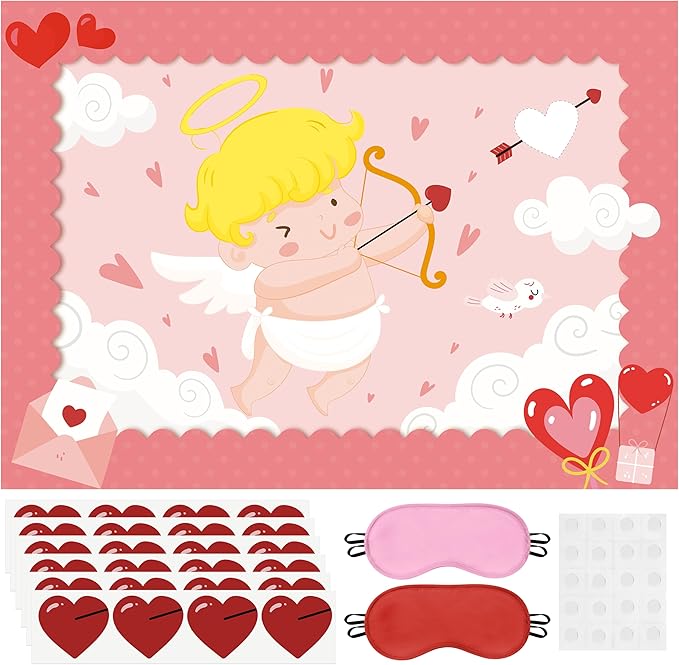 Pin The Heart On The Cupid Arrow Game Large Poster with 24 Pcs Stickers Fun Classroom Activity Party Decorations Wall Decor for Kids Birthday Baby Shower Couples Valentine’s Day
