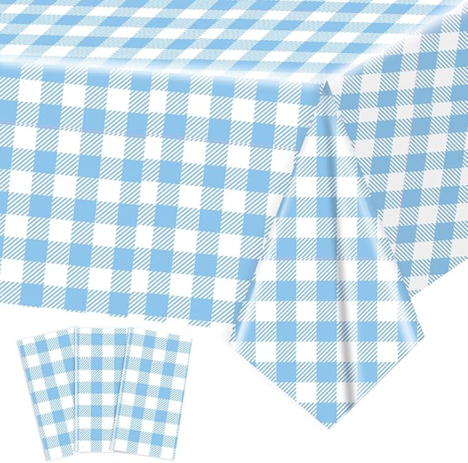 3 Pcs Light Blue Checkered Tablecloth 54 ×108 Inches Rectangle Blue Gingham Tablecloth Disposable Plastic Waterproof Table Cover for Outdoor Picnic, Kitchen, Holiday Birthday Party