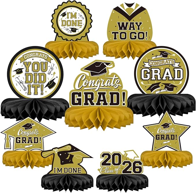 9PCS Graduation Party Decorations Class of 2026 Congrats Grad Table Centerpiece Congratulate Graduation Honeycomb Table Toppers for Graduation Party Supplies(Gold,Black）