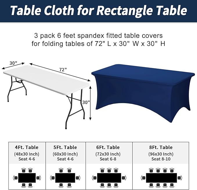 Fixwal 3 Pack Navy Blue Table Cloth for 6 Foot Rectangle Tables, Rectangular Tablecloths Stretch Spandex Fitted Table Covers 6 Ft for Prom Parties, Trade Shows, Banquet, Weddings, Buffet