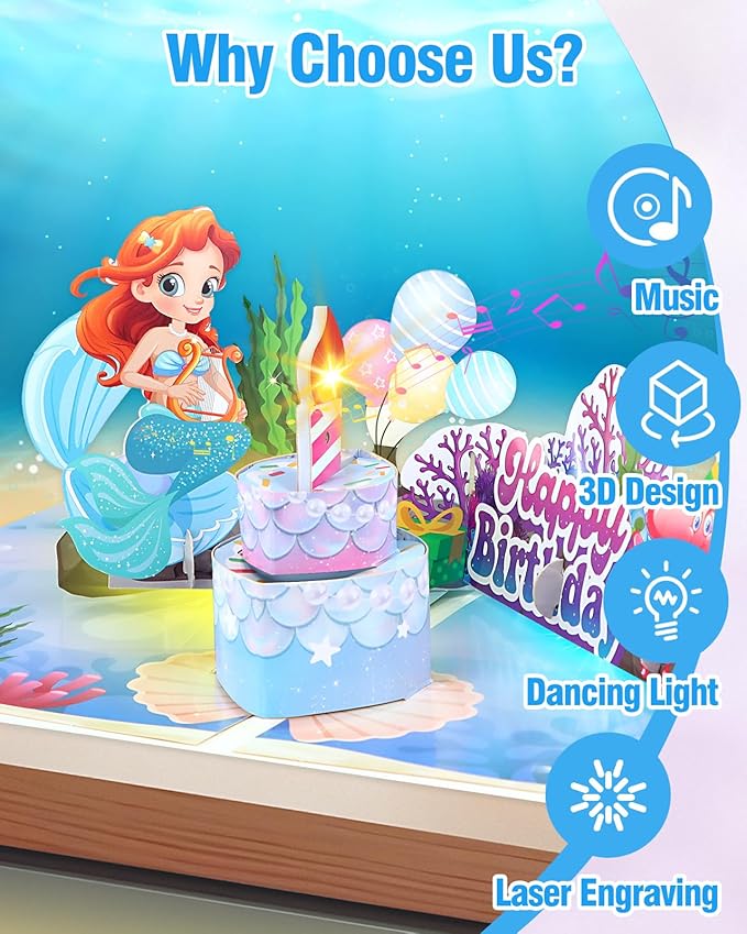 FaCraft Mermaid Birthday Card - 3D Musical Birthday Card for Kids Daughter & Girls - Blowable Candle with Cheering Sound - 8x6 Handmade Pop Up Kids Birthday Card with Envelope & Seal