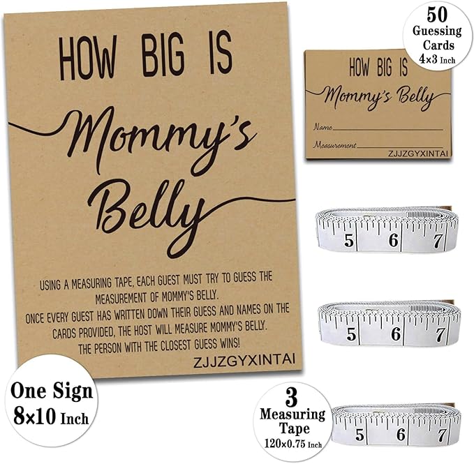 How Big is Mommy's Belly? Rustic Baby Shower Gender Neutral Game Includes 8x10 Inch Kraft Standing Sign and 50 Guessing Cards, 3 Rolls 10 Feet Measuring Tape