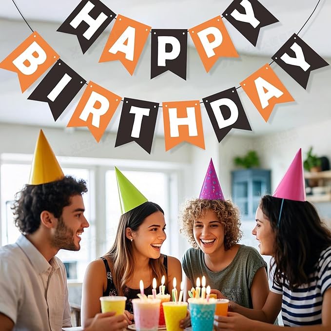 ZHENGYE Black Orange Happy Birthday Banner Baby Shower Birthday Party Decorations Supplies
