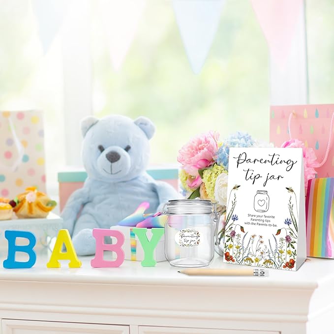 Roowest Baby Shower to Baby Advice Cards for New Parents to Be - Tip Jar Sign for New Parents 60 Parenting Advice Cards 10 HB Pencils 2 Cute Stickers 1 Pet Bottle for Guests Games(Wild Flower)