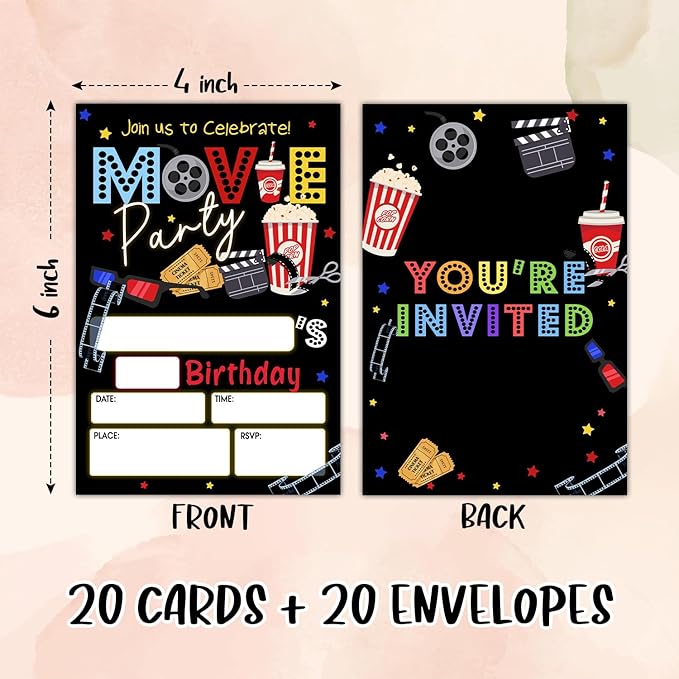 Movie Party Birthday Party Invitation Cards for Teens Girls Boys, Cinema Birthday Celebration Party Invite Cards Supplies, 20 Double-Sided Fill In Invites With Envelopes -14