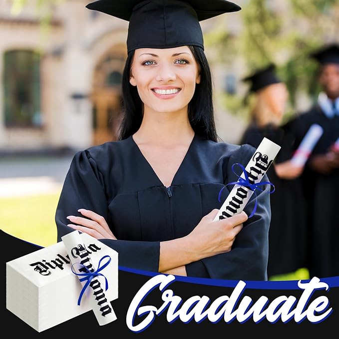 100 Set Graduation Diploma Guest Napkins Red Black and White Rolled Silverware Disposable Grad Award Dinner Napkin with Ribbon and Scissors for Celebration (diploma, Blue, 100 Pcs)