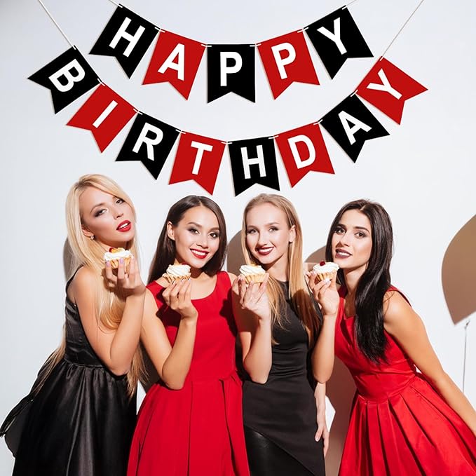 Red and Black Happy Birthday Banner Birthday Party Banner NO DIY Happy Birthday Sign Pre-Strung Birthday Hanging Decoration for Women Men Girl Boy Party Supplies (Red and Black)