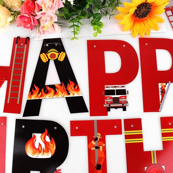Fire Truck Happy Birthday Banner Sign, Fire Engine Rescue Birthday Bunting Banner Flag Garland for Kids Boys Fire Truck Party Carnival Party Decorations Supplies