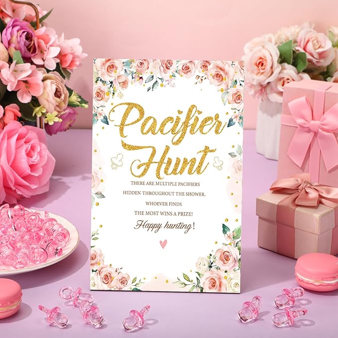 Thyle 51 Pcs Flower Pacifier Hunt Baby Shower Games Floral Theme Baby Shower Game Decoration Include Hunt Sign and 50 Acrylic Pacifiers Gift Sets for Gender Reveal Newborn Announcement Party Decor
