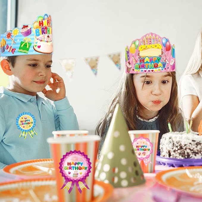 WorldBazaar Birthday Crowns for Kids Classroom 36 Pack Happy Birthday Hats with Badge Stickers Teacher Classroom School Family VBS Party Supplies