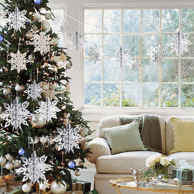 OuMuaMua Winter Christmas Hanging Decorations, 12PCS 3D Large Silver Snowflakes & 12PCS White Paper Snowflakes Hanging Garland for Christmas Winter Wonderland Holiday New Year Party Home