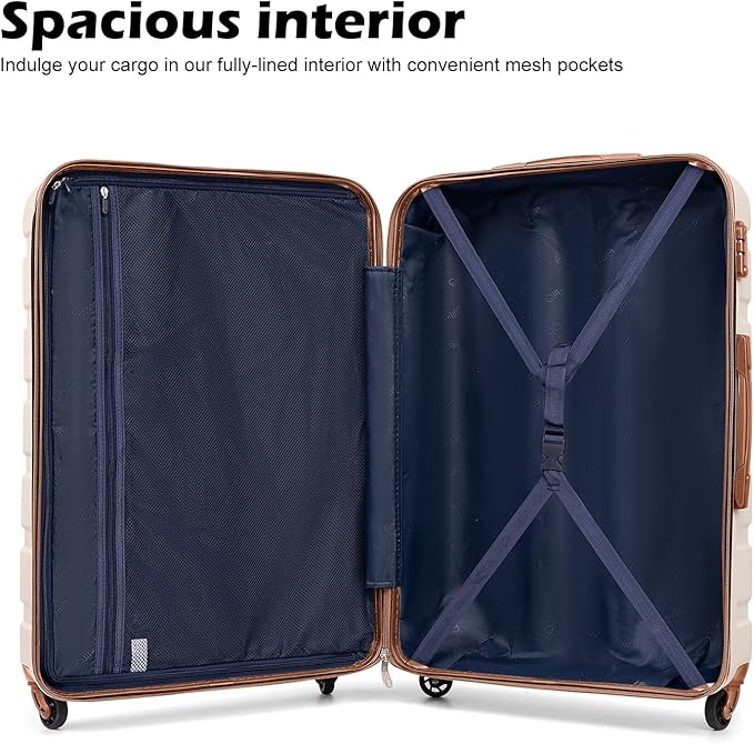 Coolife Luggage 3 Piece Set, Lightweight Durable Hardshell Suitcase set with 360° Spinner Wheels, TSA-approved Lock, Checked Family Travel Luggage sets, 20/24/28 Inch, Apricot White