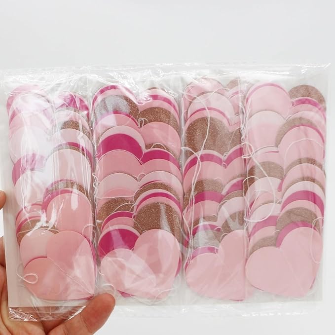 Hot-Pink Rose-Gold Heart Garland Hanging Decorations, 52 Feet, Hanging Streamers for Valentine, Wedding, Birthday Parties, Mother's Day, Bridal Showersal, Bachelorette Party (Hot-Pink Rose-Gold)