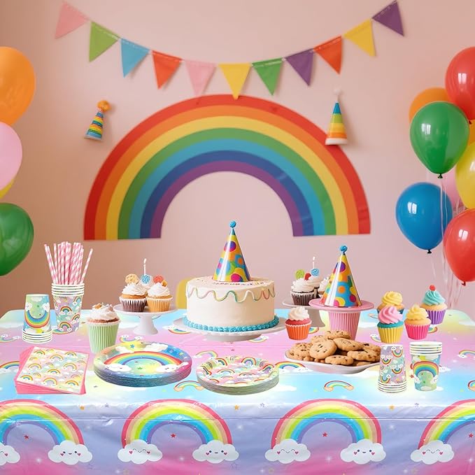 Rainbow Party Decoration - Rainbow Birthday Party Tableware Supplies Includes Plates, Cups, Napkins, Tablecloth, Straws (40)