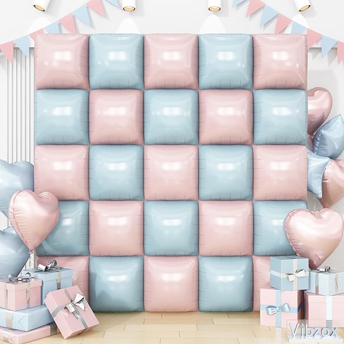 Pink and Blue Square Foil Balloons Wall, 25PCS Double Sided Pastel Cream Pink Blue Balloons Tunnel Arch Kit Backdrop for Boy or Girl Gender Reveal Decorations Birthday Party Baby Shower Decorations