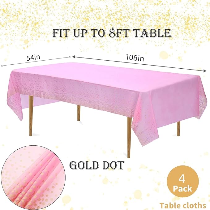 4 Pack Plastic Pink Tablecloth Disposable Pink and Gold Tablecloth for Rectangle Tables 54" x 108" Party Decorations Birthday Thanksgiving Christmas Valentines Wedding Outdoor BBQ Picnic (Pink)