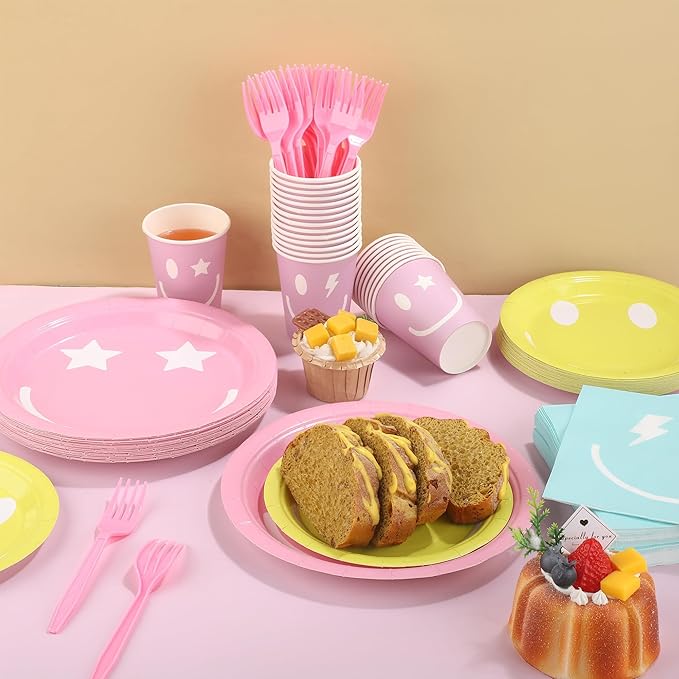 Kochorie 144 Pieces Preppy Party Supplies, Preppy Smile Tableware Sets Including Disposable Paper Plates Napkins Cups Forks Serves 24 for Smile Face Baby Shower Birthday Party Decorations