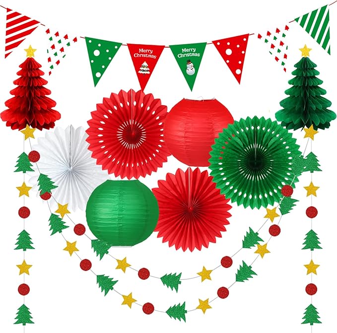 Christmas Party Decorations - Red & Green Christmas Flag, Xmas Tree Honeycomb Balls Garland Paper Fans Paper Lanterns for Holiday Party Decorations Winter Party New Year's Eve Classroom Decor
