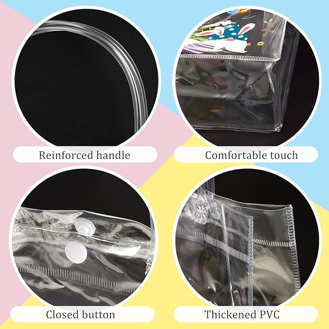 Henoyso 24 Pcs Easter Clear Gift Bags with Handles Plastic Treat Goodie Candy Bags Reusable PVC Party Favor Tote with Ribbon for Easter Birthday Party Gift Wrapping, 7.8 x 7.8 x 3.1 Inches