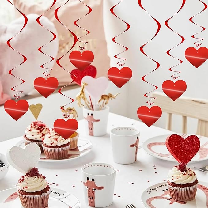 BEISHIDA Red Heart Hanging Swirl Valentine Day Decoration Pre-Strung Hanging Ornament for Wedding Anniversary Engagement Proposal Party Supplies Romantic Party Decorations, Pack of 15