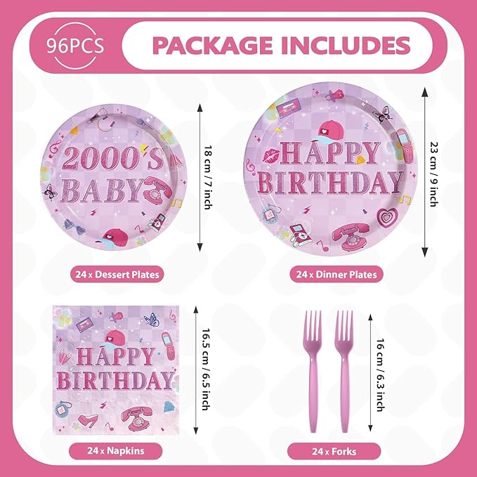 96 Pcs Y2k 2000s Birthday Party Decorations Pink Retro Fashion Plates and Napkins Disposable Early 2000s Theme Tableware Set for Girls Women Teen Birthday Party Supplies Serves 24