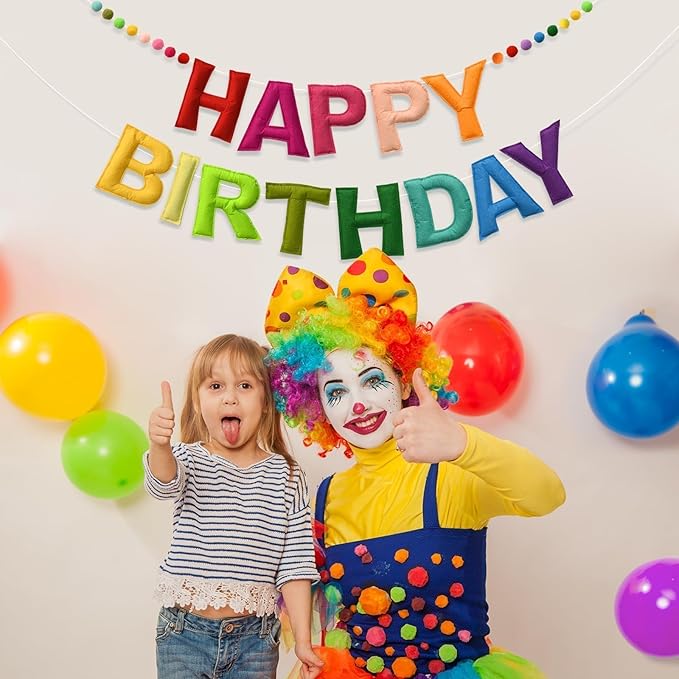 LOLStar Happy Birthday Banner Felt Ball Garland Colorful Dainty Pre-Strung Rainbow Birthday Banner Reusable Happy Birthday Sign Photo Booth Props Primary Color Birthday Party Decoration for Kids Girls