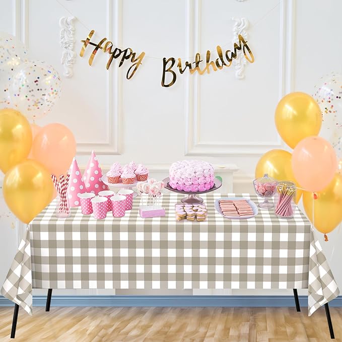 WNINK 3 Pack Brown Checkered Rectangular Plastic Tablecloths, Brown and White Gingham Waterproof Disposable Table Covers 54" x 108" for Birthday, Baby Shower, Wedding, Outdoor Picnic Parties