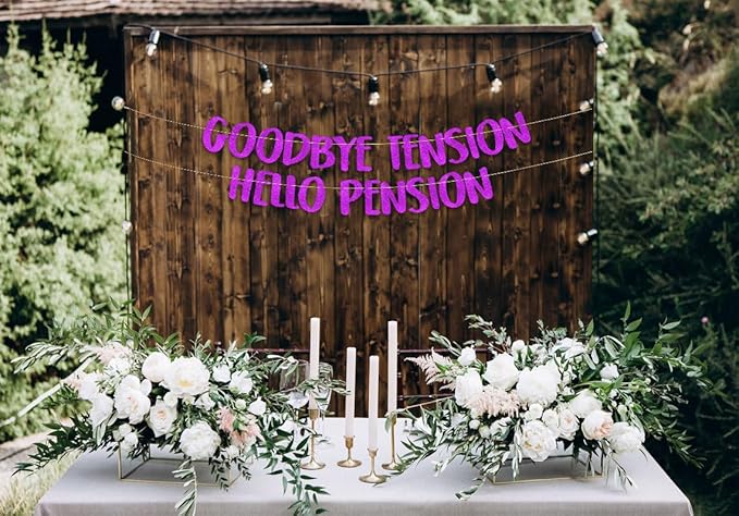 Pre-Strung Goodbye Tension Hello Pension Purple Glitter Banner - Funny Retirement Decorations for Men and Women - Retirement Party Supplies and Gifts
