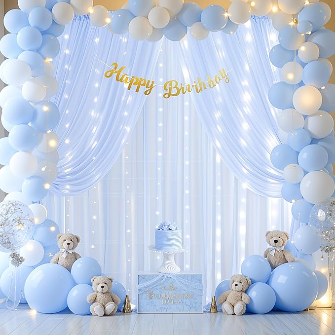 10ft x 10ft Baby Blue Chiffon Backdrop Curtain with Lights String for Parties,2 Panels Sheer Tulle Curtain Wedding Photo Backdrop with Lights for Baby Shower Birthday Party Ceremony Home Decorations