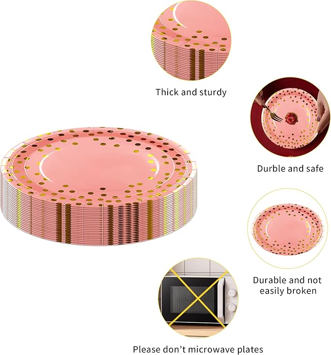 160 Pcs Pink And Gold Paper Plates(7 inches), Birthday Cake Party Plates And Napkins, Wedding Disposable Utensils Serves 40 (Pink)