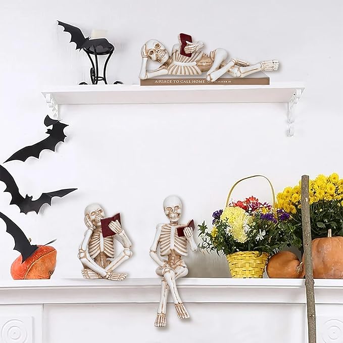 3 Piece Halloween Indoor Decor Figurines Sitting Skeleton Statue Halloween Decorations mini Reading Skull Figurine Home Decor for Living Room Table Shelf Ornament