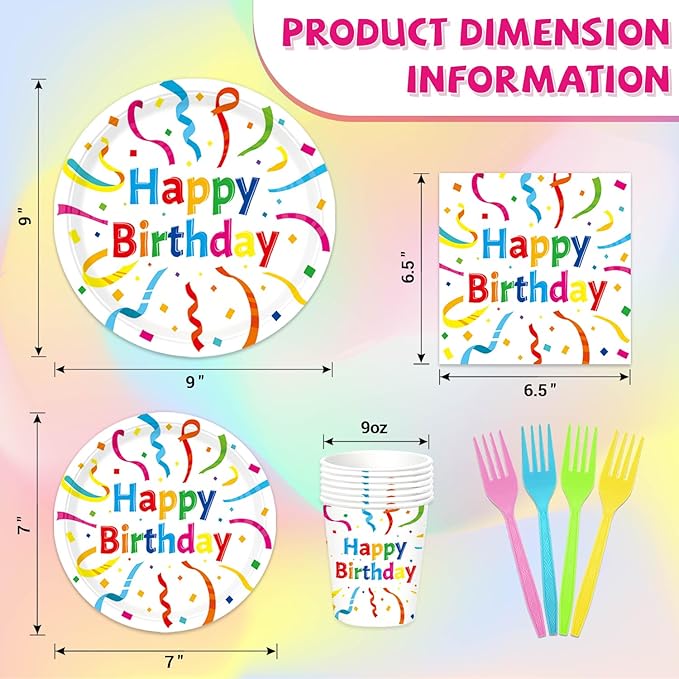 120Pcs Birthday Plates and Napkins Party Supplies Set, Serves 24 Guests Birthday Paper Plates and Napkins, Cups, Forks, Multicolor Birthday Design for Kids Boys Girls Party Decorations