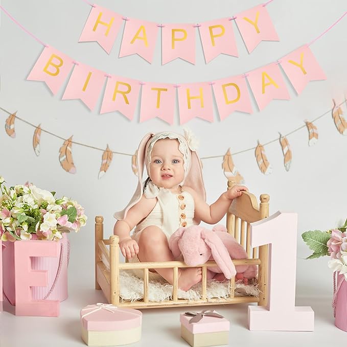 Pink Happy Birthday Banner - Hanging Backdrop Sign with Gold Letters, Happy Birthday Sign Bunting Decorations for Women men Kids Baby Shower Party Supplies (13pcs)