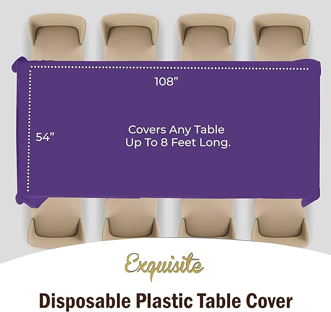 Exquisite 12-Pack Premium Plastic Tablecloth Pack of 12 Premium Plastic Tablecloth 54 Inch x 108 Inch Rectangle Table Cover - Purple