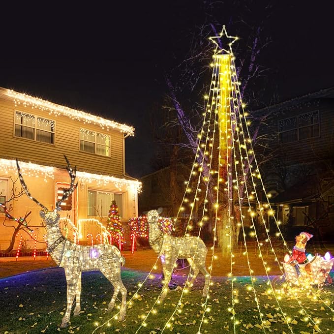 Christmas Decoration Star Lights Outdoor, 320 LED 16.4Ft Christmas Tree Toppers String Lights [8 Modes& Waterproof] for Halloween Christmas New Year Holiday Birthday (Iron-Warm White)