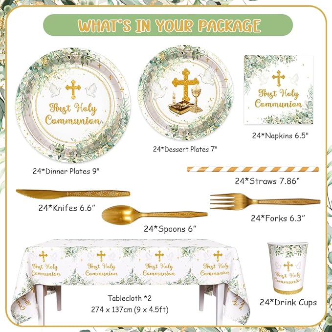 194 Pcs Greenery First Holy Communion Baptism Party Decorations Supplies Mi Primera Comunion Party Decorations God Bless Disposable Tableware Set with Plates Napkins and Tablecloth Serves 24