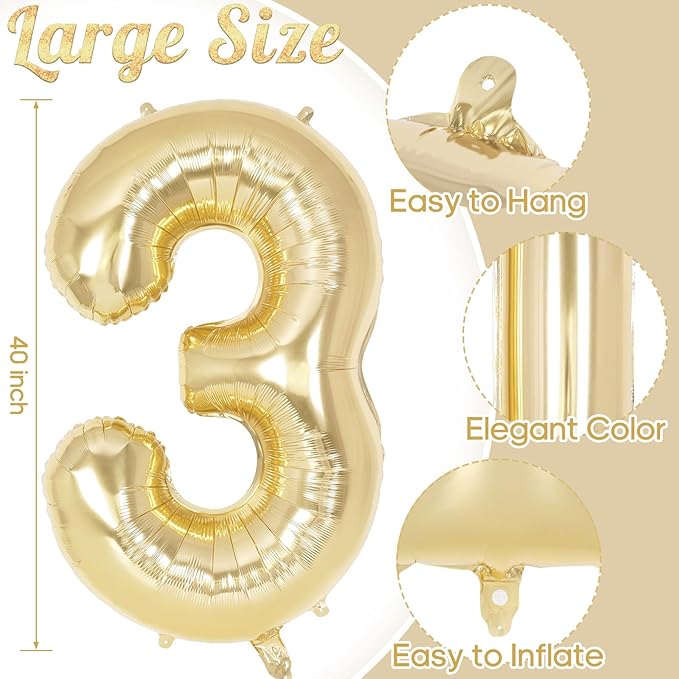 Light Gold Number 3 Balloon 40 Inch, Big Large Foil Helium White Gold Number Balloons, Giant Mylar Number 3 Balloons for 3 Year Old Birthday Party Decorations Supplies Anniversary