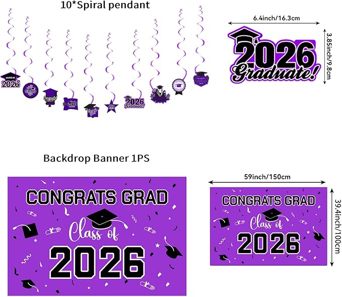 Graduation Decorations 2026 Purple Themed Set - Congrats Grad Banner, Class of 2026 Backdrop, Balloons & Streamers Kit - Complete Party Supplies for High School & College Celebrations