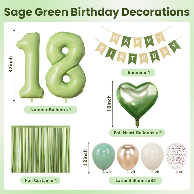 Sage Green 18th Birthday Decorations, Adulting Party Supplies for Girls, Sand White & Cream Balloon Kit with Green Number 18 Balloon and Fringe Curtains