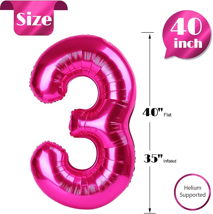 Hot Pink Number 3 Balloon 40 Inch, 3rd Birthday Celebration Supplies for Girls Boys Women Men, 3 Balloon for Girls Boys Theme Party