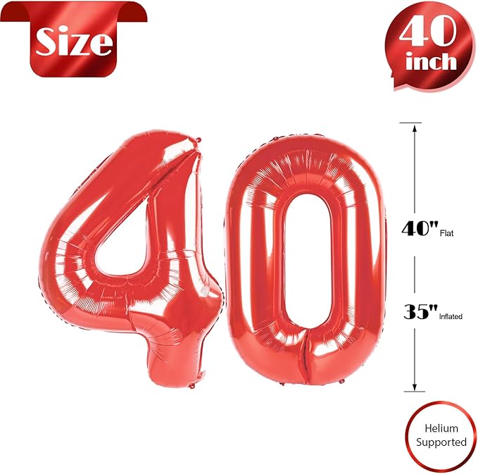 Red Number 40 Balloon 40 inch, 40 Number Balloons, 40th Red Birthday Decorations, 40 Year Old Girls Boys Party Supplies