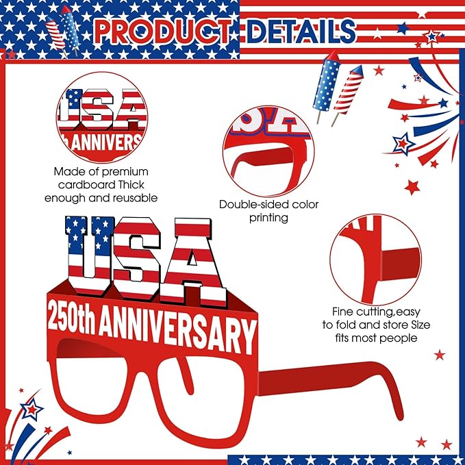 Pajean 32 Pcs 250th USA Patriotic Party Decorations Eyeglasses 250th Anniversary Themed Paper Glasses Supplies USA Patriotic Photo Booth Props Frame for Independence Day Memorial Decor Favors Supplies