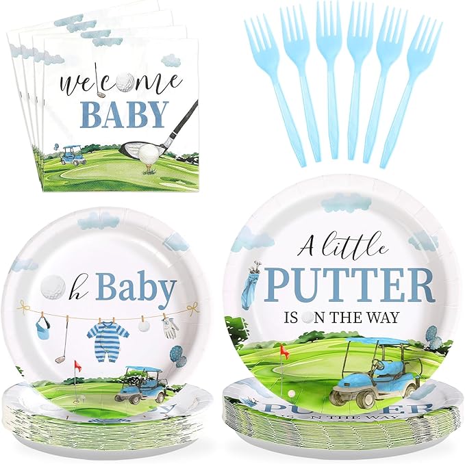 Grencian 96Pcs Golf Baby Shower Party Supplies A Little Putter Plates and Napkins Tableware Sets Green and Blue Decoration for Baby Shower Newborn Pregnancy Boy Girl Birthday Party Serve 24