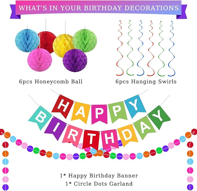 Rainbow Birthday Decorations, Colorful Happy Birthday Banner, happy birthday decorations for Girls Women Party Decorations