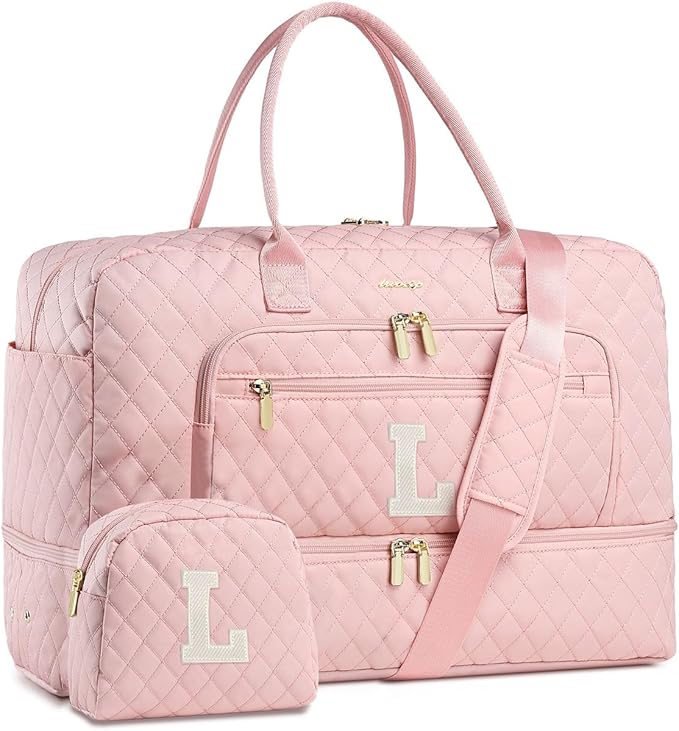 Initial Travel Duffle Bag for Women - Pink Personalized Weekender bags Overnight Bag with Shoe Compartment & Wet Pocket Weekend Tote Bags with Toiletry Bag Monogram Christmas Gifts (Letter L)
