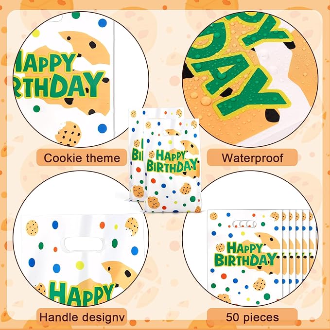 50pcs Cookies Gift Bags, Colorful Happy Birthday Goodie Bags for Party Favors Cartoon Theme Birthday Decorations for Boys Girls Celebrations Party Supplies
